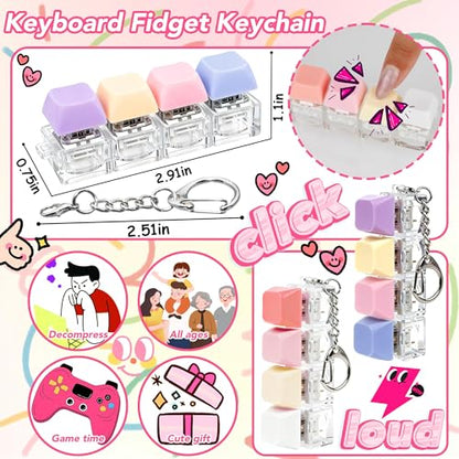 2 Pcs 4 in 1 Keyboard Fidget Toy Keychain, Clicky Button Toy Stress Relief Keychain with Swappable Keycaps, Mini Mechanical Key Fidget for Office Desk Focus Gifts (Purple Blue Pink Yellow) - color: Purple Blue Pink Yellow