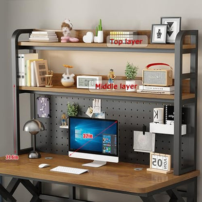 31.4in Gaming Desk with Bookshelf, Pegboard & Storage Shelves (Brown, 31.4in) - color: Brown, size: 31.4in