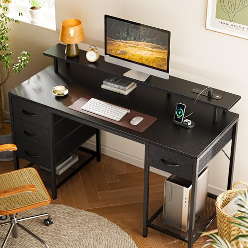 Huuger 55 inch Computer Desk with 4 Drawers, Gaming Desk with LED Lights & Power Outlets, Home Office Desk with Large Storage Space for Bedroom, Work from Home, Black - color: Black, size: 55 Inch