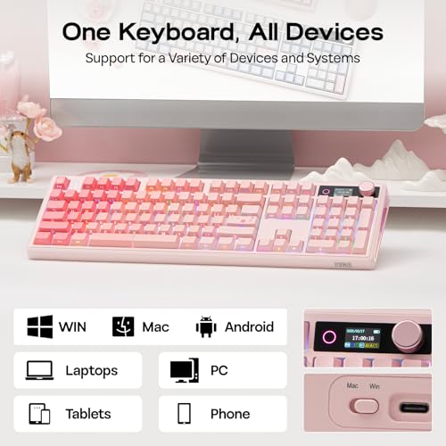 EPOMAKER TH108 V2 PRO Full Size Mechanical Keyboard with Screen&Knob, 10000mAh, BT/2.4Ghz, Mac Modifier PBT Keycap, Hot Swap, RGB, Gasket, Wireless Gaming Keyboard for Mac/PC (Pink, Sea Salt Silent) - color: Pink, size: Sea Salt Silent