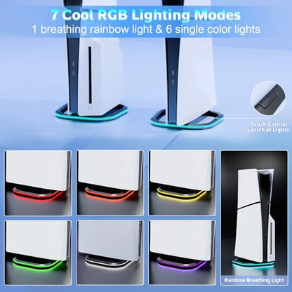 HONCAM Vertical Stand for PS5/PS5 Slim/PlayStation 5 Pro Consoles, PlayStation 5 Vertical Holder with 7 RGB Lights and a Screw, Black - color: Black