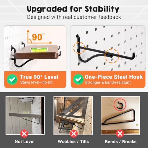2 Pcs Walnut Finish Wooden Pegboard Shelf for 1/4" Metal Pegboard | Hardwood, High Balance No Tilt, Natural texture, Pegboard Accessories for Craft Room Home Garage Workbench