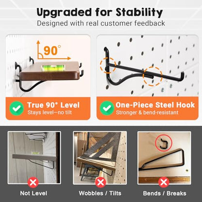 2 Pcs Walnut Finish Wooden Pegboard Shelf for 1/4" Metal Pegboard | Hardwood, High Balance No Tilt, Natural texture, Pegboard Accessories for Craft Room Home Garage Workbench