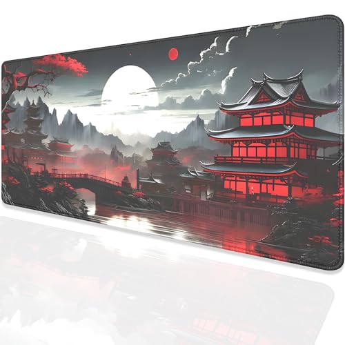 Japanese Riverside Full Moon Desk Pad Mouse Pad,Extended Large Gaming Mouse Mat with Stitched Edges,Non-Slip Waterproof Rubber Base Mousepad for Office Work Home Desk Mat(27.5X11.8 in) - color: Japanese Sunset