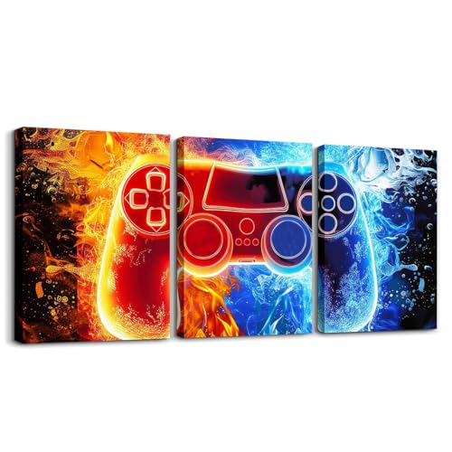 Feelyou Gamepad Canvas Wall Art for Living Room Wall Decor for Bedroom Bathroom Modern Gamer Paintings Modern 3 Piece Framed Canvas Art Prints Ready to Hang Fire Water Video Gamer Pictures Home Decor - color: Black Red Blue