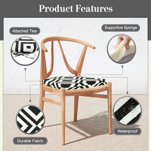 Cozyide Outdoor Chair Cushions, Waterproof Patio Seat Cushions with Adjustable Straps, Round Corner Patio Chair Cushions for Garden, Black Geometry, 17x16x2 Inch (Pack of 4) - color: Black Geometry, size: 17x16x2 Inch (Pack of 4)