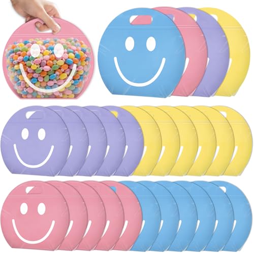 AKAIXI 24pcs 3.5Mil Thickened Smiley Face Snack Bags Reusable Sealed Bags | with Handle 4 Colors Stand-up Pastel Goodie Bags for Birthday Party Favors Preppy Classroom & Party Decorations Gift Bags - color: Smiley Face