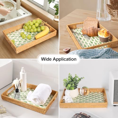 Rectangle Rattan Tray with Mother of Pearl Inlay, Rattan Serving Tray with Handle for Coffee, Bread, Fruits, Snacks, Decorative Wicker Tray for Table Decor (Rectangle Green Fish, 13"×9") - color: Green Fish