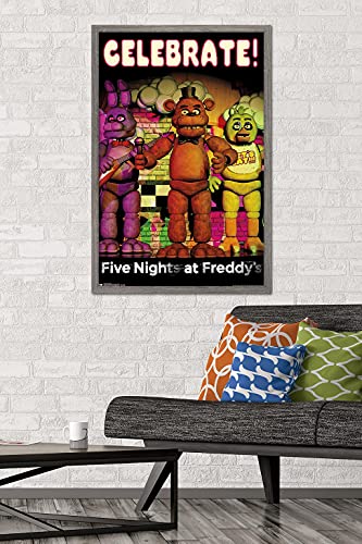 Trends International Five Nights at Freddy's - Celebrate Wall Poster, 22.375" x 34", Barnwood Framed Version - color: Barnwood Framed Version, size: 35.8"L x 24.3"W