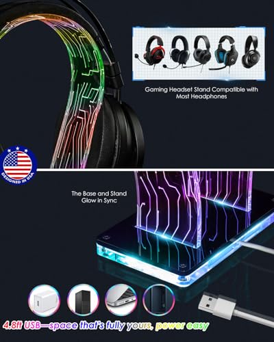 OAPRIRE Acrylic RGB Headphone Stand | Customizable 213 Lighting Modes & 60,000 Colors, Lights Sync with Music Beat, Headset Stand with 4.8ft USB Power Cable & Sturdy Build