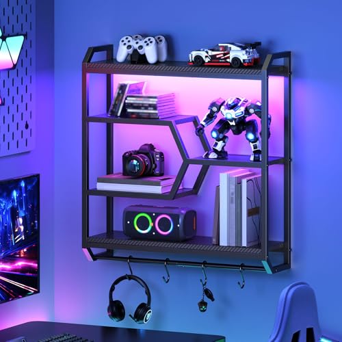 HOOBRO Gaming Floating Shelf with LED Lights, 27.5" LED Wall Mounted Shelf with Hanging Rod & 4 S-Hooks, 4-Tier Hanging Display Rack, for Living Room, Gaming Room, Black BB71DBJ01