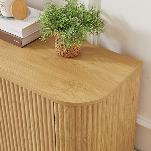 64" Modern TV Stand Sideboard Storage Cabinet, Wooden Curved TV Console with Sliding Doors, Wave Pattern Buffet Cabinet Wooden Vertical Striped Table for Kitchen/Bedroom/Entryway (Natural) - color: Natural