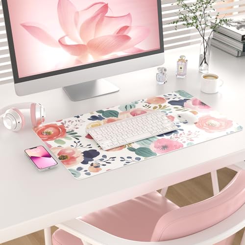 Colorful Star Large Mouse Pad, Pink Floral Desk Mat for Desktop, Women Girls PU Leather Waterproof Gaming Mousepad, Computer PC Laptop Protector Flowers Desk Pads for School Office Home 23.6" x 13.8" - color: Watercolor Pink Flower, size: 23.6L x 13.8W in