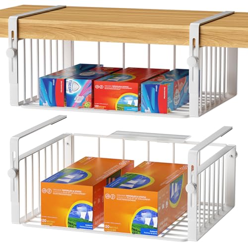 AmonHouseware 2 Pack Hanging Under Shelf Storage Basket,Adjustable Under Cabinet Add-on Storage Racks Slide-in Baskets Organizer for Laundry Room Kitchen Pantry Desk Bookshelf, White - color: White