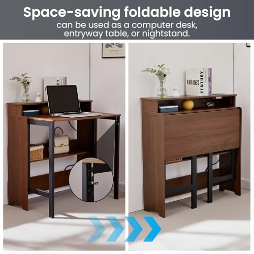 Fold Out Desk with Charging Station, Folding Desk with Monitor Stand,Storage Shelf,Small Foldable Desk for Compact Home Office Spaces - color: Walnut