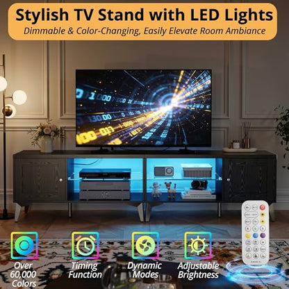 LIKIMIO 2-in-1 TV Stand for 85 Inch TV, Black TV Consoles with LED Lights | 2 Storage Cabinets & Adjustable Glass Shelves, with Charging Station, TV Table for Living Room & Bedroom