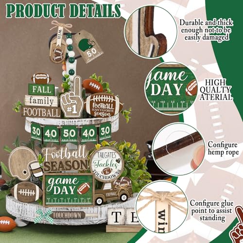 20 Pcs Football Tiered Tray Decoration Football Season Wood Signs Set Rustic Fall Team Game Day Wooden Table Centerpieces Ornament for Fans Rugby Sport Home Theme Party Supplies - style: Football