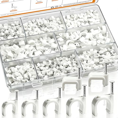 mankk 630PCS Cable Clips Nail in Cable Clips Wire Clips 4/5/6/8/10mm Round & Square Ethernet Cables Wall Clips for Cords RG6 RG59 CAT5 CAT6 RJ45 - color: White-630PCS
