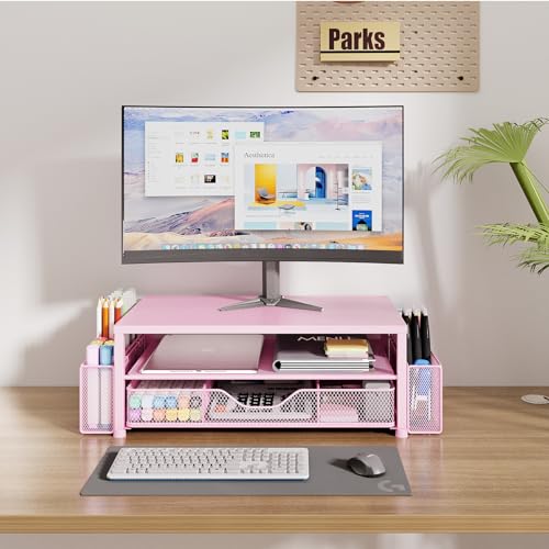 OPNICE Desk Organizers and Accessories, 2-Tier Computer Monitor Stand Riser with Drawer and 2 Pen Holders, Laptop Stand, Office Desk Accessories & Office Decor for Women, Pink - color: Pink 1-Pack, size: Single