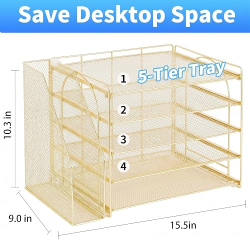 OPNICE Desk Organizer, 5-Tier Paper Organizer Letter Tray with Magazine Holder, Office Desk Accessories & Workspace Organizers, Desktop File Organizer for Office Supplies Storage, Gold - color: Gold, size: 15.5" x 9" x 10.3"