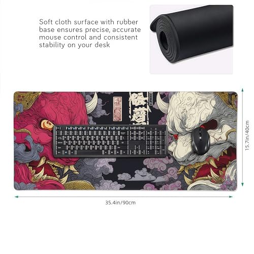 Gaming Mouse Pad, XXL Non-Slip Rubber Base, Waterproof with Stitched Edges, Japanese Demon Mask Design, 35.4 x 15.7 inches