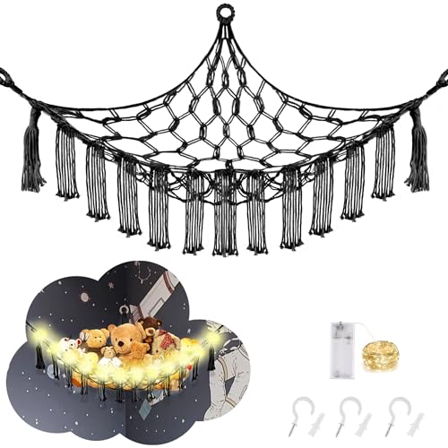 CERETIA Stuffed Animal Hammock with LED Light, Large Stuffed Animals Storage Corner Plushie Net for Kids Room Decor, Jumbo Black - color: Black, size: Jumbo-(Package of 1)
