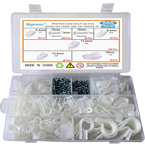 Bigtrans 555 Pcs Nylon Plastic R-Type Wire Clips with Screws 1/4" 5/16" 3/8" 1/2" 3/4" Clamps Fasteners Assortment for Cable Conduit -5 Size -White - color: White, size: 555 Pack Clips with Screws
