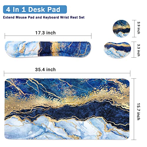 4-in-1 Large Gaming Mouse Pad, Keyboard Wrist Rest Pad & Wrist Support Mousepad Set, Extended Desk Pad Waterproof Desk Mat for Home Office Study Game - Blue Gold Marble - color: Blue Gold Marble