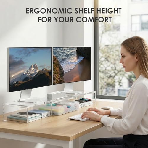 OPNICE Clear Acrylic Desk Organizers and Accessories, Dual Monitor Stand Riser with Drawer, Desk Shelf Computer Racks for Office Workspace Organizers, Desktop Organization (Transparent) - color: Transparent