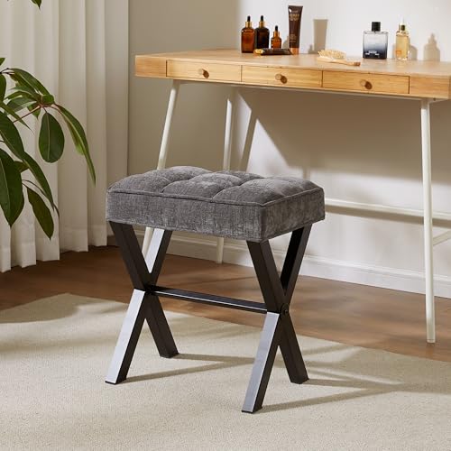 Royal Windsor Vanity Stool,Square Ottoman Stool Foot Rest,Upholstered Vanity Chair Foot Stool with Metal X Legs, Small Vanity seat for Entryway,Bedroom and Living Room,Linen Dark Grey - color: 12.6"d Dark Grey+black