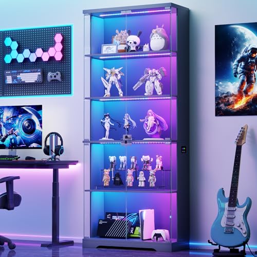 TAGELIER 69" Tall Display Cabinet with Glass Doors, RGB Lights | 5-Tier Shelves, Modern Locking Wooden Display Case for Collectibles, Figures, Books, Human Sensor, Gray - color: Grey