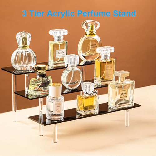 HENABLE 3 Tier Perfume Organizer Stand, Black Acrylic Risers Display Stands, Cologne Shelf Dessert Display for Party, Figure Stand Funko POP Shelves, Collection Cosmetic, Cupcake Stand Holder - size: 3-Tier