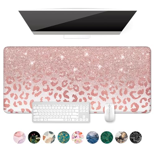 Auhoahsil Large Mouse Pad, XXL Desk Pad, Extened 35" x 15", Non-Slip Rubber Base, Stitched Edges, Superior Surface, Waterproof Keyboard Mat, Large Mousepad for Gamer, Office & Home, Pink Gold Leopard - color: 10 Pink Gold Leopard, size: XXL - Extended siz
