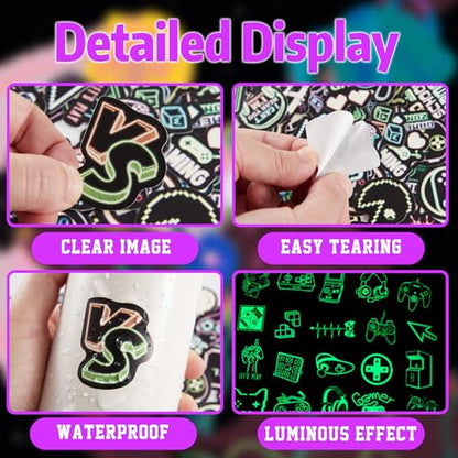 75 Pcs Glow in The Dark Neon Gamer Gamepad Stickers | Game Controller Joystick Video Gaming, Water Bottle Laptop Decals, Waterproof Vinyl, Teens Girls Boys Students Adults - color: Luminescent-430ksxx