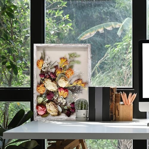GraduationMall 18x24 Wood Shadow Box Frame Glass Door Display Case with Linen Back and 6 Stick Pins,1.5 inches Interior Depth,Ideal for Memorabilia Pictures Flowers Medals Tickets Rustic White - color: Rustic White, size: 18x24
