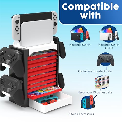 Skywin NS Compatible Nintendo Switch Games Holder, Nintendo Switch Stand, Game Disk Rack, Controller Organizer, Switch Holder Stand for Gamers, Nintendo Switch Accessories (White) - color: White