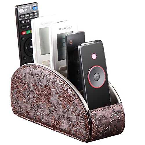 Leather Remote Control Holder,Universal TV Remote Organizer with 5 Compartments,Desktop or Bedside Table Organizer for DVD,Blu-Ray,Gaming and Streaming Remotes,Glasses and Accessories(Antique) - color: Antique