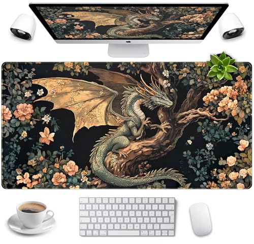 Desk Mat Cute Enchanted Forest Dragon Kawaii Mouse Pad XXL Large Extended Vintage Academia Anime Desk Pad, Cozy Computer Playmat Laptop Keyboard and Mouse Mat with Stitched Edges, 31.5x15.7 in - color: Black Forest Dragon