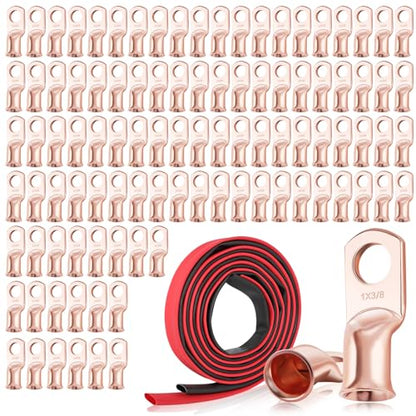 XHF 100PCS 1 AWG-3/8 Heavy Duty Battery Lugs with 3:1 Heat Shrink Tubing, Ring Terminals Battery Cable Ends Copper Eyelets Electrical Battery Connectors - size: 1AWG-3/8"-100PCS