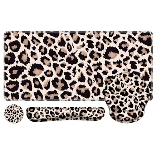 iLeadon Mouse Pad Set, Desk Mat + Mouse Pad with Wrist Rest + Keyboard Wrist Rest + Coaster, 4in1 Leopard Mouse and Keyboard Pad Set for Home Office, Classic Leopard - color: Classic Leopard