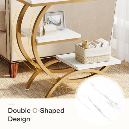 Tribesigns C-Shaped End Table, Industrial 3-Tier Small Side Table for Couch, Wood Bedside Table Snack Side Table with Storage Shelves for Living Room Small Space, White Gold - color: White Gold