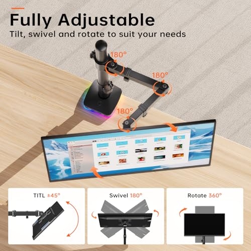 Afaloona RGB Monitor Arm with USB Hub, Single Monitor Stand for 13-27 Inch Screens, 1 USB-C & 2 USB Ports, Ergonomic Desk Mount, Adjustable Desk Mount, VESA 75x75-100x100mm, Up to 17.6lbs - size: RGB Single Monitor Arm