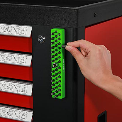 Mayouko 3PCS 1/4" Magnetic Hex Bit Holder Rack Organizer, 129 Holes, 1/4-Inch Drill Bit Holder, 3 Racks, Magnetic Bit Holder with Magnet Base for Screwdriver Bits - color: Red,blue,green