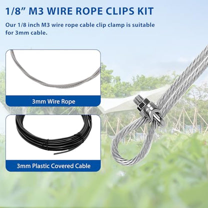 10PCS 1/8 Inches M3 304 Stainless Steel Wire Rope Cable Clip Clamp, Reusable Wire Rope Clips for 1/8Inch (1.5mm-3mm) Diameter Wire Cable/Wire Rope, Wire Clamp Tool for Outdoors - size: 10pcs-M3(1.5mm-3.0mm)