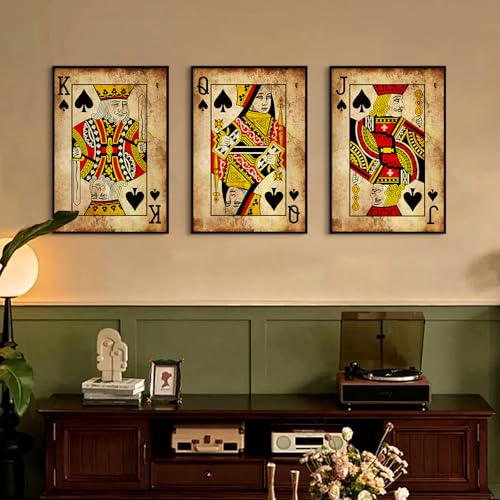Playing Card Wall Art Poster Vintage Poker Canvas Wall Decor Retro Game Room Art Picture Joker King Queen Poster Trendy Retro Prints Vintage Poker Painting Artwork for Bedroom 16x24 Inch Unframed 3Pcs - color: JQK Prints, size: 16x24 Inch No Frame