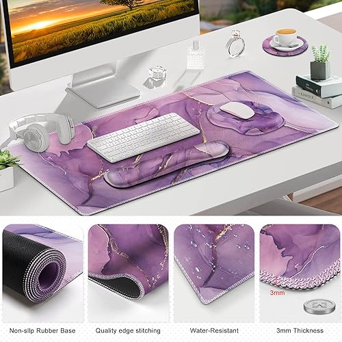 ToLuLu Desk Mat, XXL Large Mouse Pad Wrist Support Set，4 in1 Gaming Mousepad Desk Pad+ Ergonomic Mouse Pad with Wrist Rest + Keyboard Wrist Rest+Coaster for Women Home Office Computer, Purple Marble - color: Purple Marble