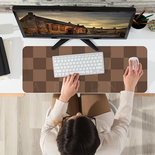 AFIING Brown Checkered Desk Pad 31.5" x 12" | Waterproof PU Leather, Non-Slip Rubber Base, Checkered Design, Office & Home - color: Brown