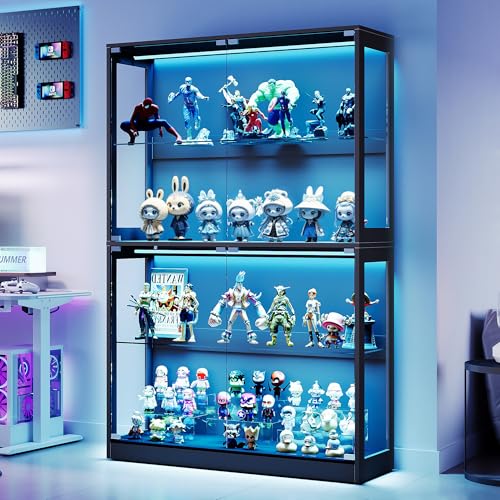 AMERLIFE RGB Display Cabinet with Adjustable Glass Shelves, 4-Tier Storage Display Case with LED Lights, Press-to-Open Glass Doors, Modern Collectibles Cabinet, Black 70" H x 45" L x 16" D - color: Black, size: 45×16×70in