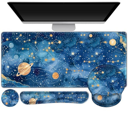 ARTSO Large Mouse Pad and Keyboard Wrist Rest, Ergonomic Mouse Pad with Wrist Support, Non-Slip Desk Mat Protector for Office, Home -Blue Planet Galaxy - color: Blue Planet Galaxy