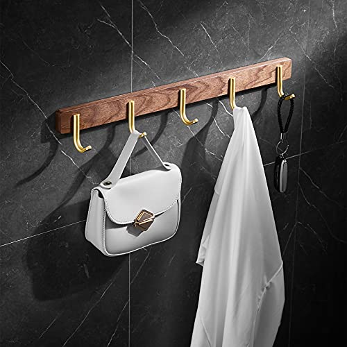 Wall Mounted Coat Rack, Entryway Hanging Rack with Rustic Hooks for Coat, Scarf, Bag, Towel, Key, Cap, Hat - Walnut Gold Matt (5 Hooks - J Shape) - size: 5 Hooks - J Shape